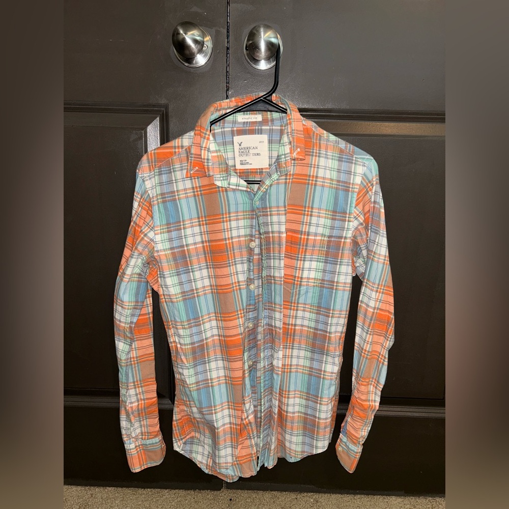 American Eagle Outfitters Orange and Blue Casual Button Down Shirt